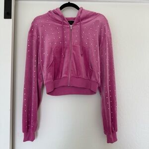 Y2K Vintage Velour Zip Up Hoodie Rhinestone McBling  Baddie Track Jacket Cropped